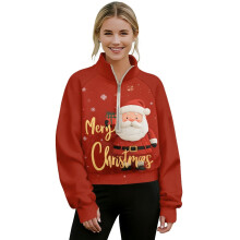 Women's Half-Zip Cropped Sweatshirt with Thumbholes, Loose Graphic Pullover – Red Santa Design, Winter Holiday, 2XL, Compatible with Christmas