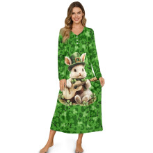 Women's Long Sleeve St. Patrick's Day Nightgown – Soft Button-Front Sleepshirt, Shamrock/Guitar Green, S