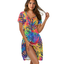 Women's Short Sleeve Housecoat & Nightgown – Palm Leaf Print Hawaii Lounging Dress, Relaxed Fit, Lightweight, XS, Compatible with Casual Wear
