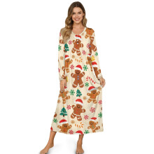 Women's Long Sleeve Christmas Nightgown – Soft Lightweight Sleep Dress with Gingerbread & Snowflake Print, Beige, 2XL, Compatible with US Sizing