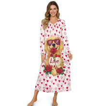Women's Long Sleeve Nightgown – Valentine’s Day Sleep Dress, Soft Lightweight, Golden Retriever & Rose Heart Pattern, 3XL