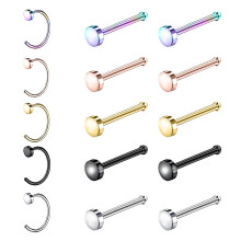 15-teiliges Set, 20 g Nasenring-Piercing, rund, flach, roségold, schwarz, Nasenknochen-/L-förmig, Nasenschrauben-Piercing