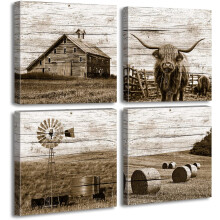 Highland Cow Wall Art Poster – Rustic Farmhouse Decor, Compatible with Western & Men's Bedroom, 12"x12" Canvas