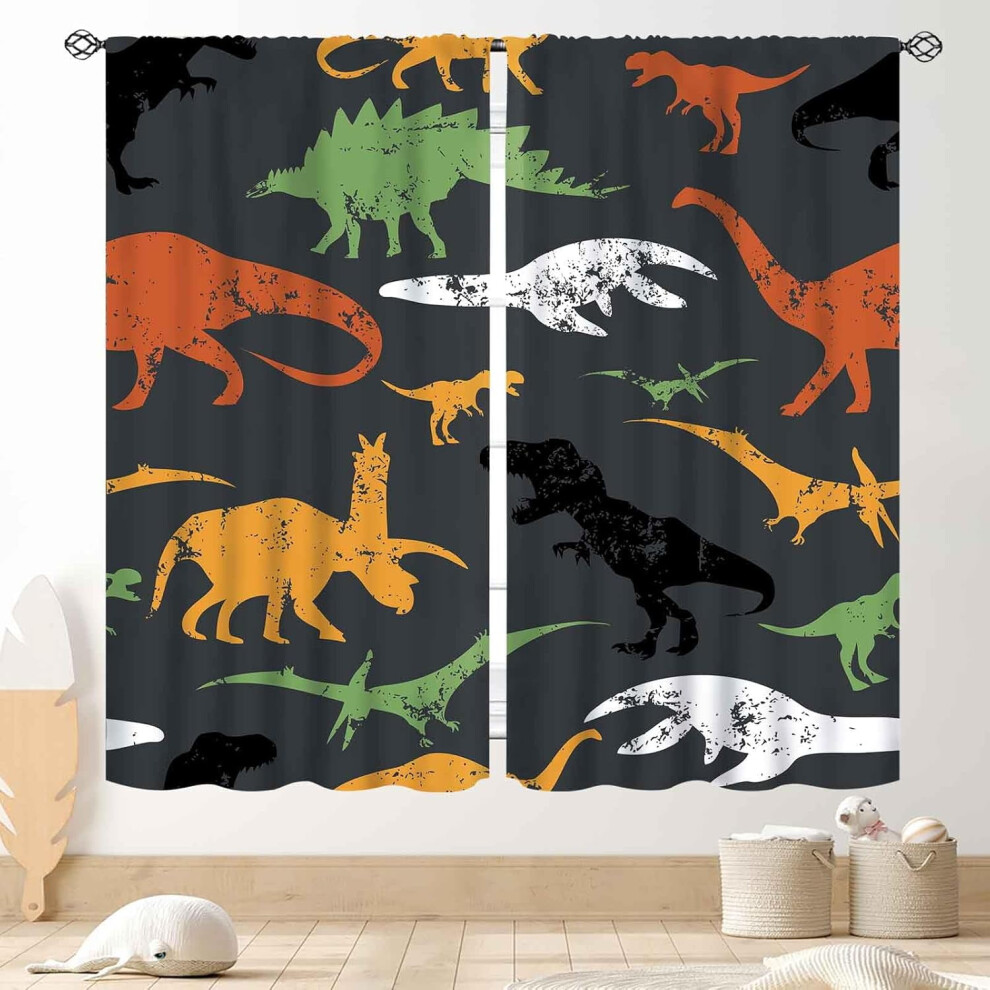 Dino Blackout Curtains, Cartoon Dinosaur Safari Print Drapes For Kids' Room – 2 Panels, 84"X63", Compatible With Standard Rods Gray