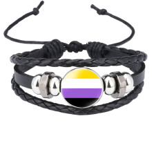 Unisex Stainless Steel Rainbow LGBT Pride Flag Leather Bracelet Handmade Woven Round Coin Wrap Bracelet Wristband Jewelry Birthday Gift Black Style 8