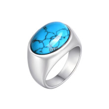 Unisex Stainless Steel Agate Gemstone Inlaid Silver Plated Engagement Ring Solid Glossy Wedding Band Blue Stone Size 7