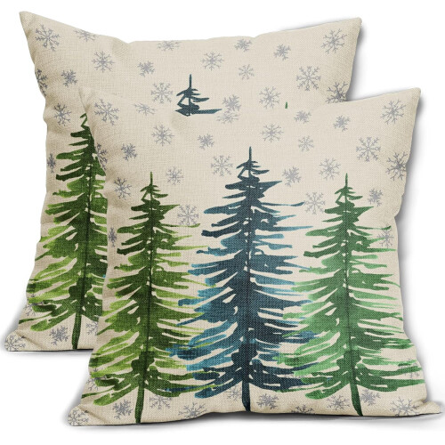 Capas de almofada com estampa de árvore de Natal em aquarela azul e verde, 45x45 cm (18x18 polegadas)