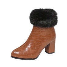 Women's Winter Fleece-Lined Ankle Boots, PU, Pointed Toe, Zipper Back, Mid Heel, Brown, Size 5.5 US (9.06" foot)