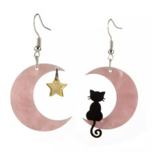 Women Black Moon Cat Earrings Dangle Silver Plated Witch Earrings Gothic Jewelry-4#Pink moon star cat earrings