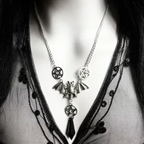 Bat Pendant Necklace Gothic Black Crystal 17