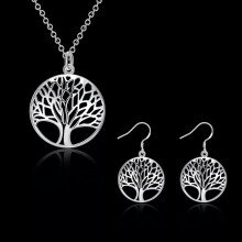 Women's Fashion Delicate Jewelry 925Sterling Silver Round life Tree Earrings Necklace SET