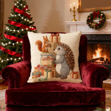 Housse de coussin de Noël à motif écureuil et hérisson, 45 x 45 cm