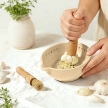 Handmade 2-in-1 Garlic Grater & Herb Stripper Bowl, Stoneware with 7-Hole Grater Plate for Kale, Collard Greens