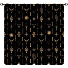 Aztec Bull Skull Curtains, Boho Rustic Western Cactus Black Gold Thermal Drapes, Rod Pocket, 2 Panels (72"W x 63"L)