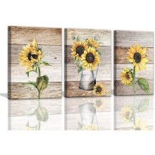 Sonnenblumen-Leinwandbild-Set (3-teilig, 30 x 40 cm), Aquarellstil, rustikale und ländliche Küchen-/Badezimmerdekoration, gerahmt