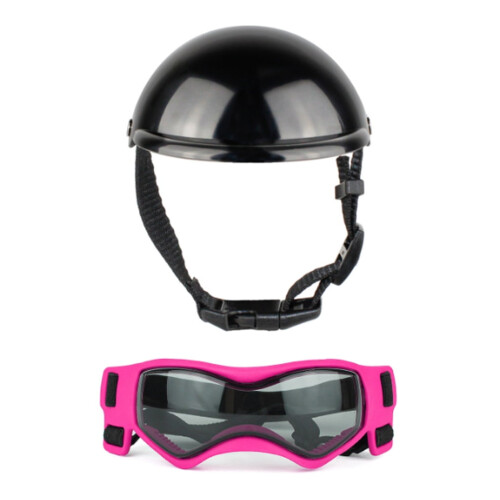 Conjunto de capacete e óculos de proteção para cães com orifício para orelha e alça ajustável.