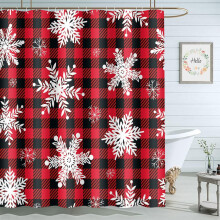 Perdea de duș cu fulg de zăpadă, 72x72inch, carouri roșii și negre, model Buffalo Check, perdele de baie de Crăciun, set de perdele pentru