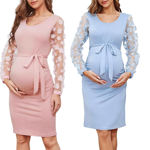 Florals Mesh Long Sleeve Maternity Midi-light blue S 1