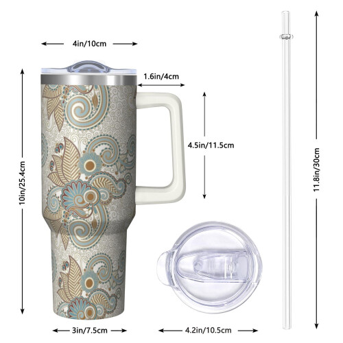 Ποτήρι Paisley 40oz με λαβή και καπάκι με καλαμάκι – Μονωμένο με κενό αέρος, στεγανό 2