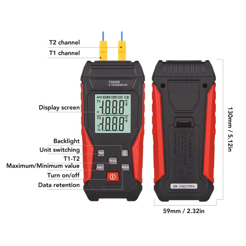 TA610 K-Typ Thermometer 2-Kanal 130x59x29mm 2