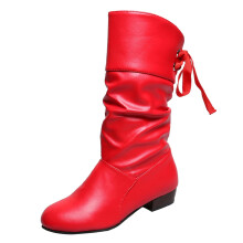 Women Boots Low Heel Round Head Back Lace up Warm Mid Sleeve Snow Boots Red