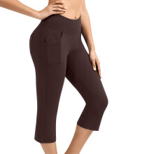 Women Casual Summer Knee Length Leggings High Waisted Yoga Workout Exercise Capris with Pockets Brown
