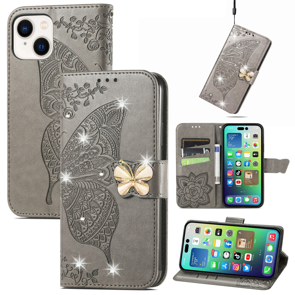 Compatible With Iphone 15 Plus Pu Leather Wallet Case Â Floral Embossed, Bling Diamond, Magnetic Closure, Card Holder & Stand, Gray 9448483042840