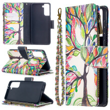 Compatible with Samsung Galaxy S21 5G Case – PU Leather Folio with Zipper Wallet, 9 Card Slots, Hand Strap, Tree Design
