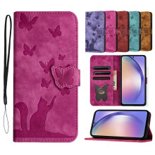 Compatible with Samsung Galaxy A42 5G Wallet Case – Embossed Butterfly & Cat PU Leather Folio, Shockproof, Credit Card Slots, Rose