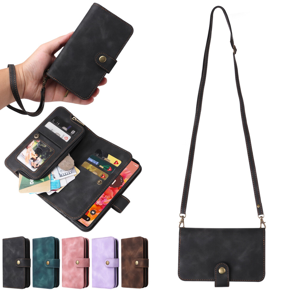 Crossbody Wallet Case For Iphone 12/12 Pro (6.1") Â Pu Leather, Zipper Pocket, Lanyard & Wristlet, Black 9448483043748