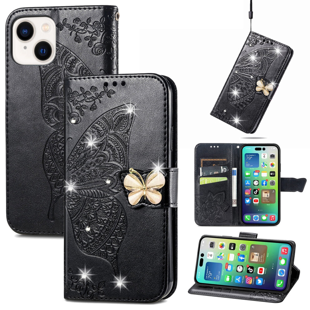 Compatible With Iphone 15 Plus Pu Leather Wallet Case Â Floral Embossed, Bling Diamond, Magnetic Closure, Card Holder & Stand, Black 9448483043731