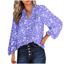 Damebluser med V-hals, blomstertrykk og smock, langermet chiffong, bohemsk topp, casual skjorter
