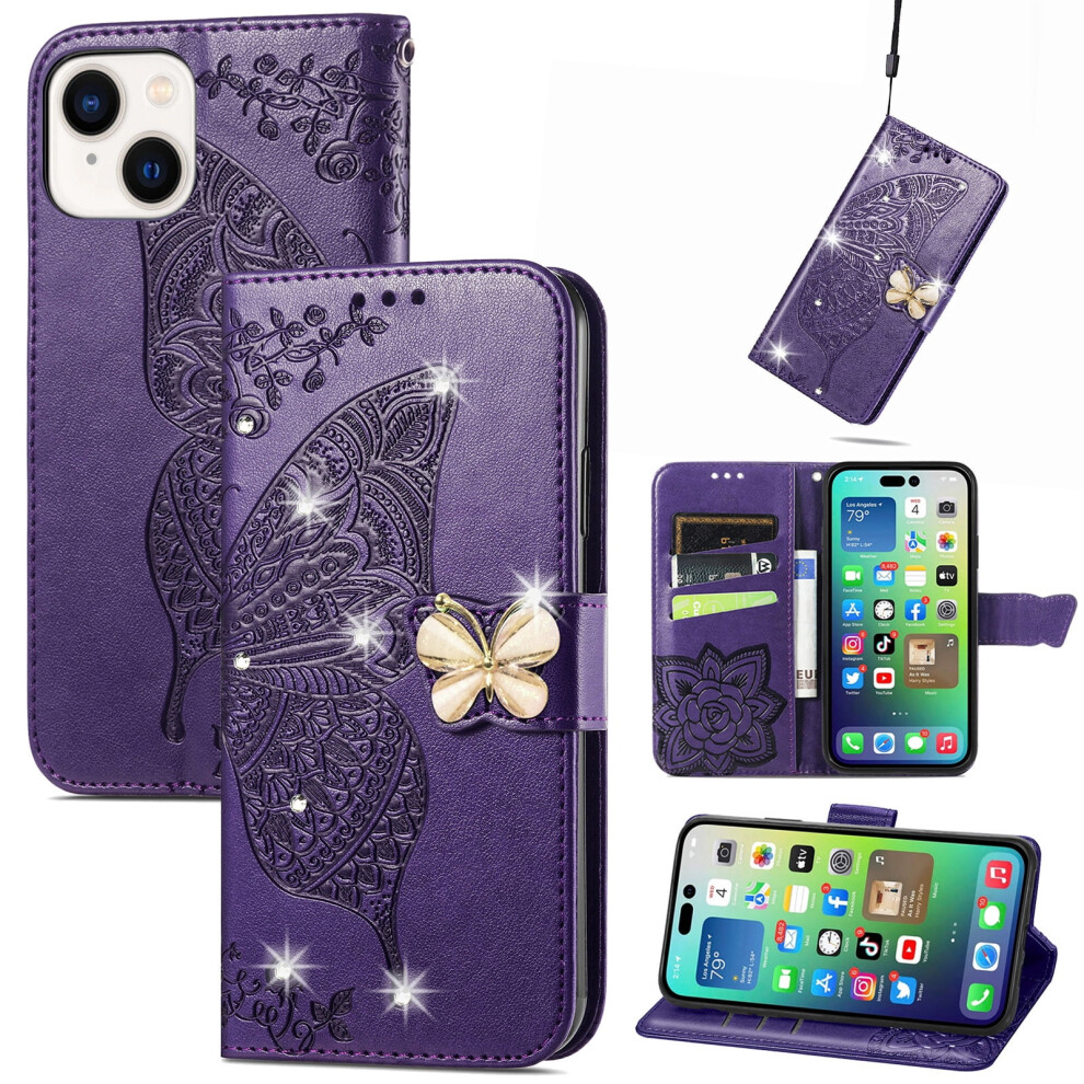 Compatible With Iphone 15 Plus Pu Leather Wallet Case Â Floral Embossed, Bling Diamond, Magnetic Closure, Card Holder & Stand, Purple 9448483044813