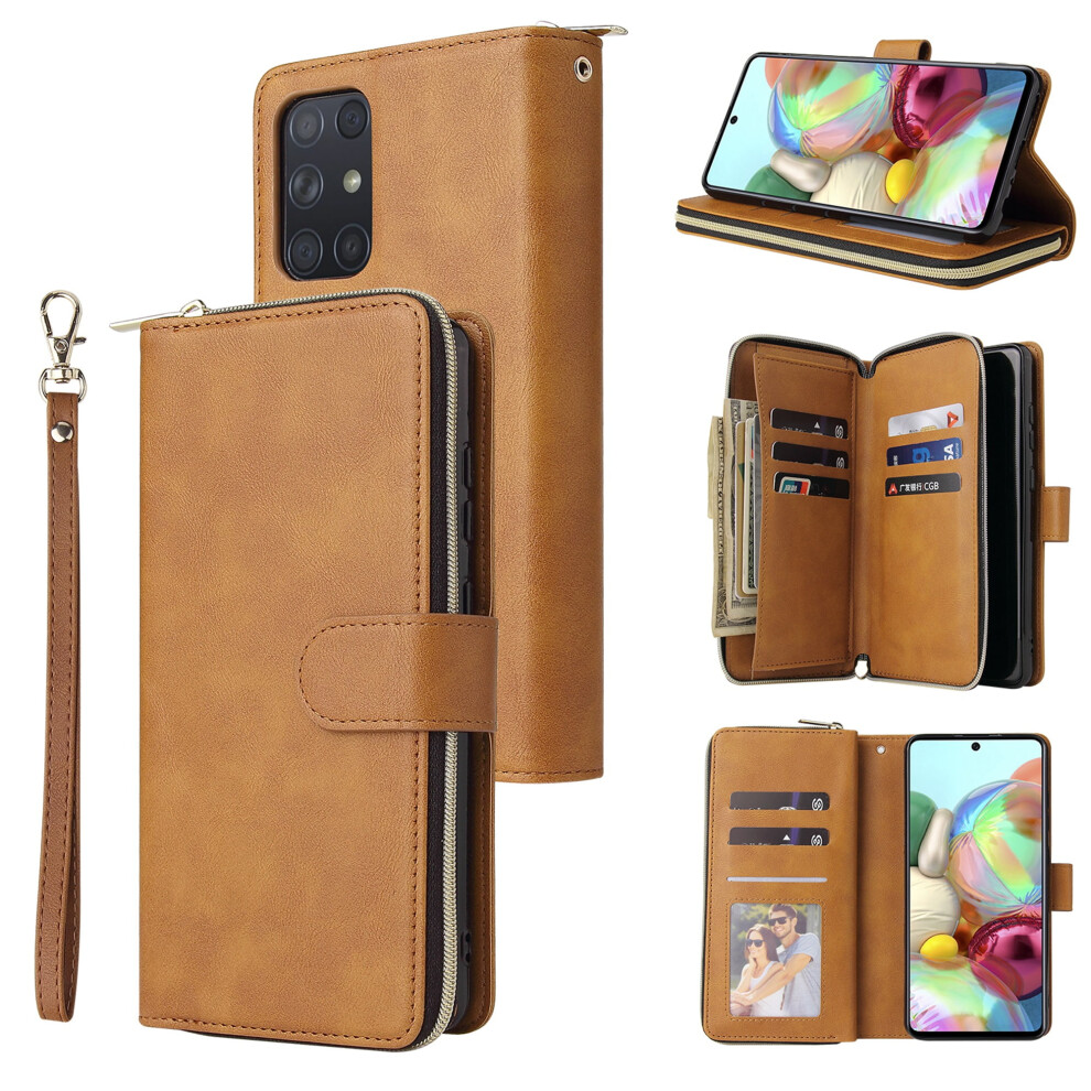 Compatible With Samsung Galaxy A52 5G/4G Wallet Case Â Leather Folio With Zipper Pocket, Wrist Strap, Kickstand, Magnetic Closure & 9 Card Brown 9448483045360