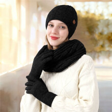 Women's 3 Piece Knit Set, Fleece Lined Hat Scarf and Gloves, Winter Warm Matching Set for Daily Commute, Cold Weather Knit Accessories Ensemble Black