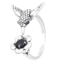 Hummingbird Floral Ring Unisex Adjustable Vintage Silver