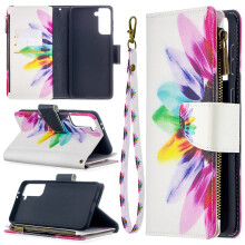 Compatible with Samsung Galaxy S21 5G Case – PU Leather Folio with Zipper Wallet, 9 Card Slots, Hand Strap, Sun Flower Design