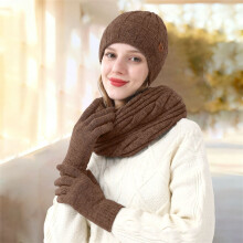 Women's 3-Piece Fleece-Lined Knit Set: Hat, Scarf & Gloves – Warm Winter Matching Ensemble for Cold Weather – Coffee