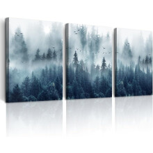 Tableau mural encadré « Forêt brumeuse » sur toile, ensemble de 3 pièces