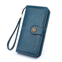 Women's RFID-Blocking Leather Card Case Wallet with Wristlet, Double Button, Zipper Pocket – Compatible with Credit Cards & Cash