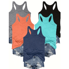 Dam 5-pack linnen med racerback, sommar, avslappnad, ärmlös, rund halsringning, basplagg för vardagskomfort, M