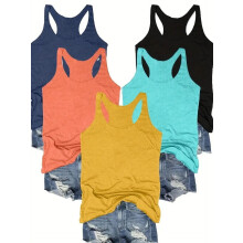 Dam 5-pack linnen med racerback, sommar, avslappnad, ärmlös, rund halsringning, basplagg för vardagskomfort, 2XL