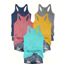 Dam 5-pack linnen med racerback, sommar, avslappnad, ärmlös, rund halsringning, basplagg för vardagskomfort, L