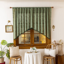 Green Semi-Sheer Lace Curtain Valance with Tassels, Farmhouse Leaf Embroidery, Privacy Tier for Kitchen/Bedroom/Living Room (80"x50")