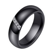 Women's Stainless Steel Cubic Zirconia Inlaid Mosaic Ceramic Engagement Ring 6MM Beveled Edge Finger Band Black Size 7