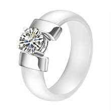 Women's Stainless Steel Cut Crystal Inlaid Ceramic Couple Engagement Ring Cubic Zirconia Eternity Wedding Finger Jewelry Silver White Size 12
