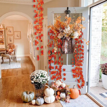 12-Piece Artificial Fall Maple Leaf Wreath Hanging Vines Set for Thanksgiving Decor, Realistic Red Foliage for Home Holiday Ambiance