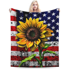 Solsikke Amerikansk Flagg Teppe USA Flagg Mykt Varmt Kasteteppe Trykk Til Sofa Seng 60x50 tommer