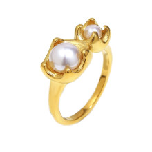 Women's Stainless Steel Pearl Bead Floral Signet Ring Dainty Two Flower Buds Stackable Ring Gold Size 8