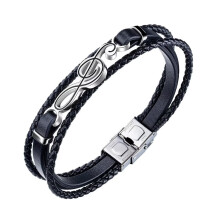 Men's Stainless Steel Music Note CXHLn Leather Bracelet Hip-hop Classic Coolness Jewelry Black